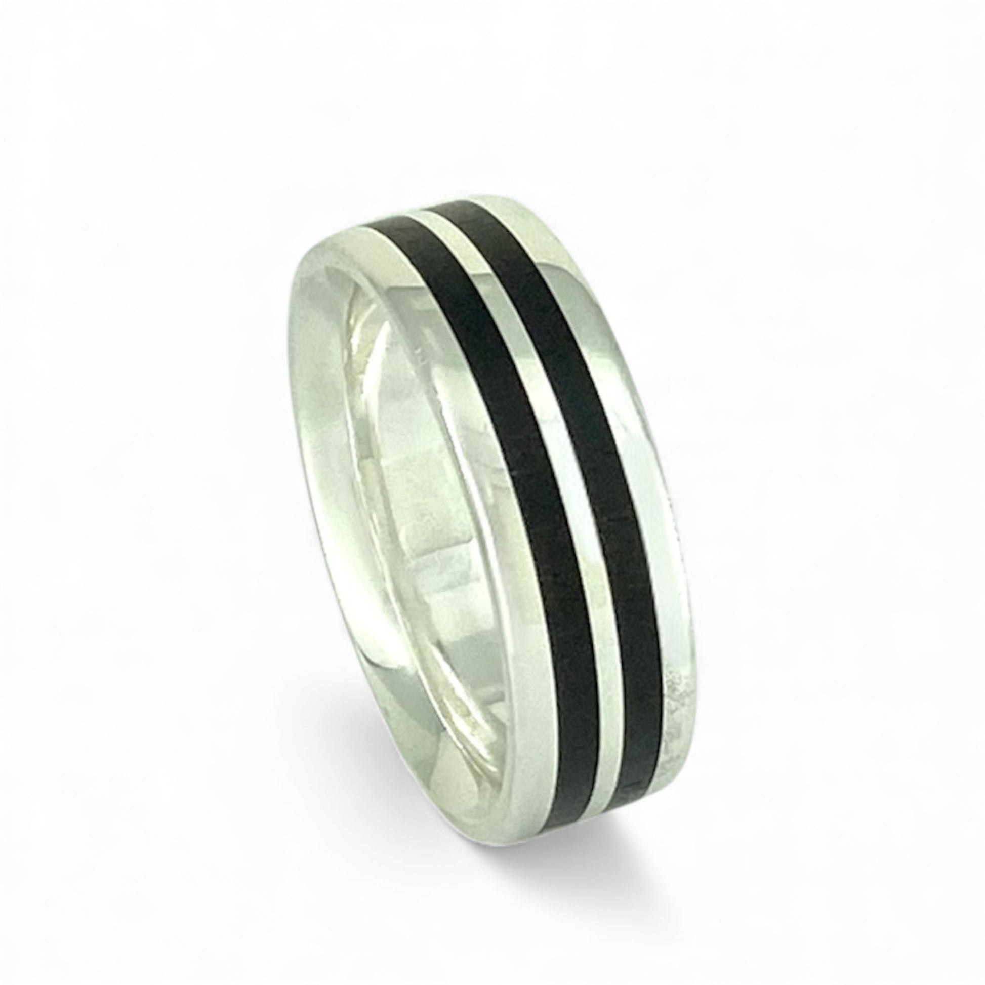 Sterling Silver 7mm Wide Band with Double Stripe of Inlayed Black Ebony Wood