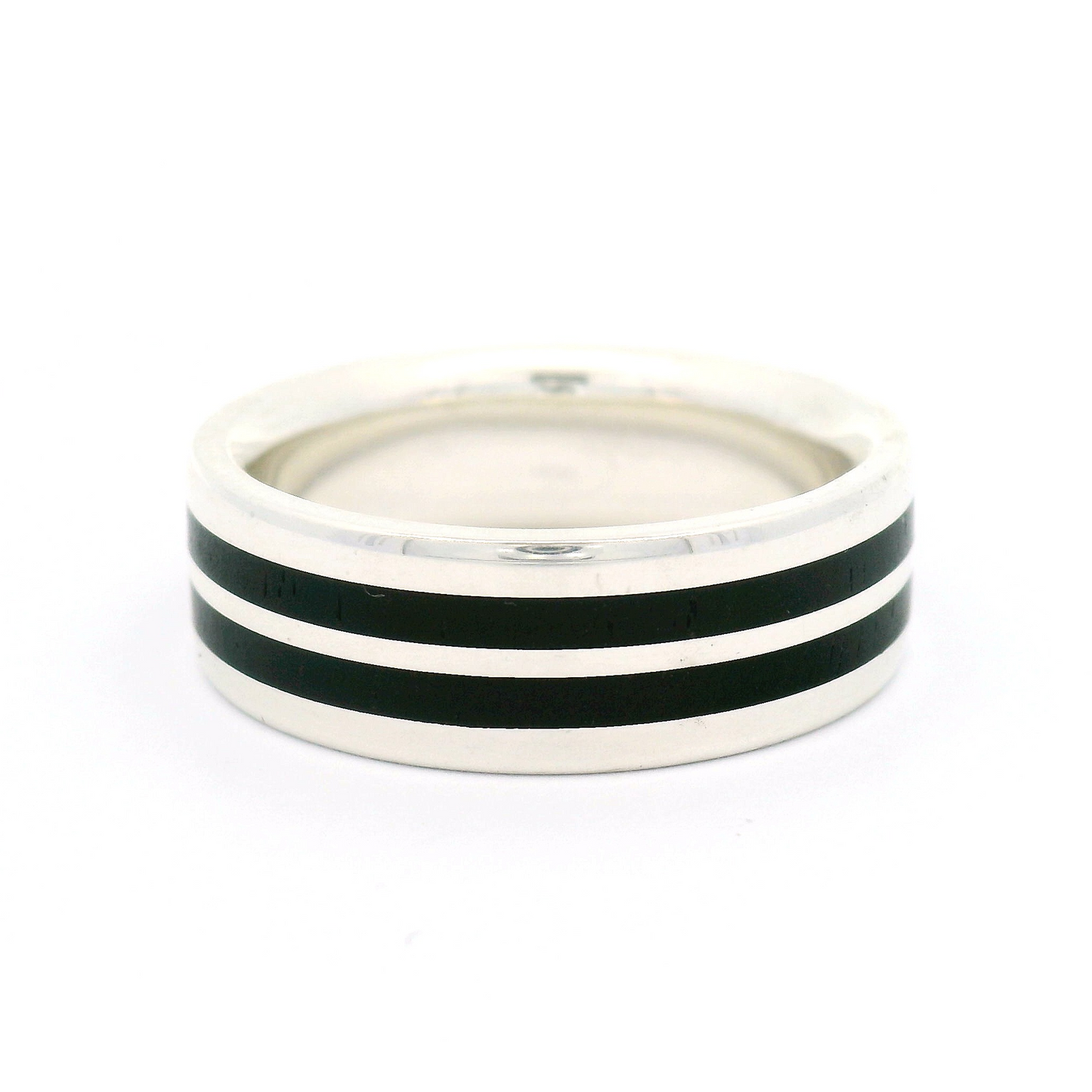 Sterling Silver 7mm Wide Band with Double Stripe of Inlayed Black Ebony Wood