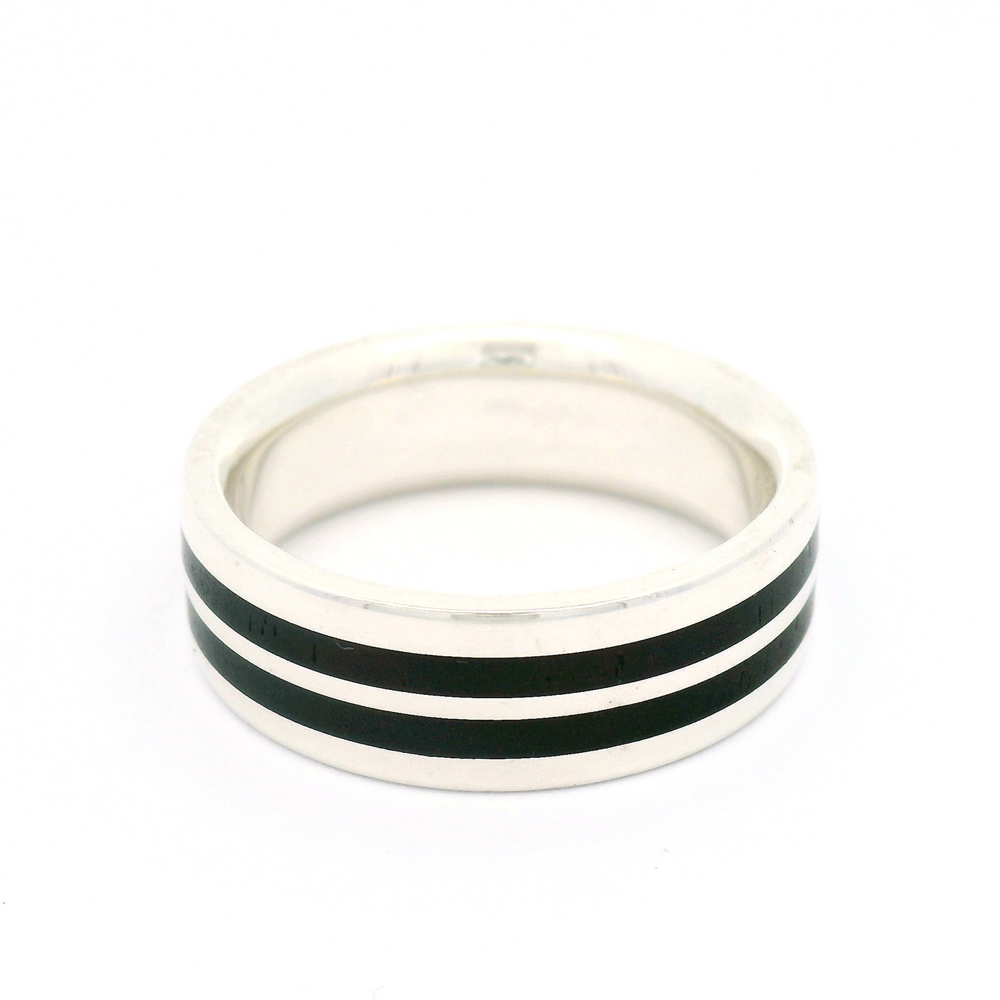 Sterling Silver 7mm Wide Band with Double Stripe of Inlayed Black Ebony Wood