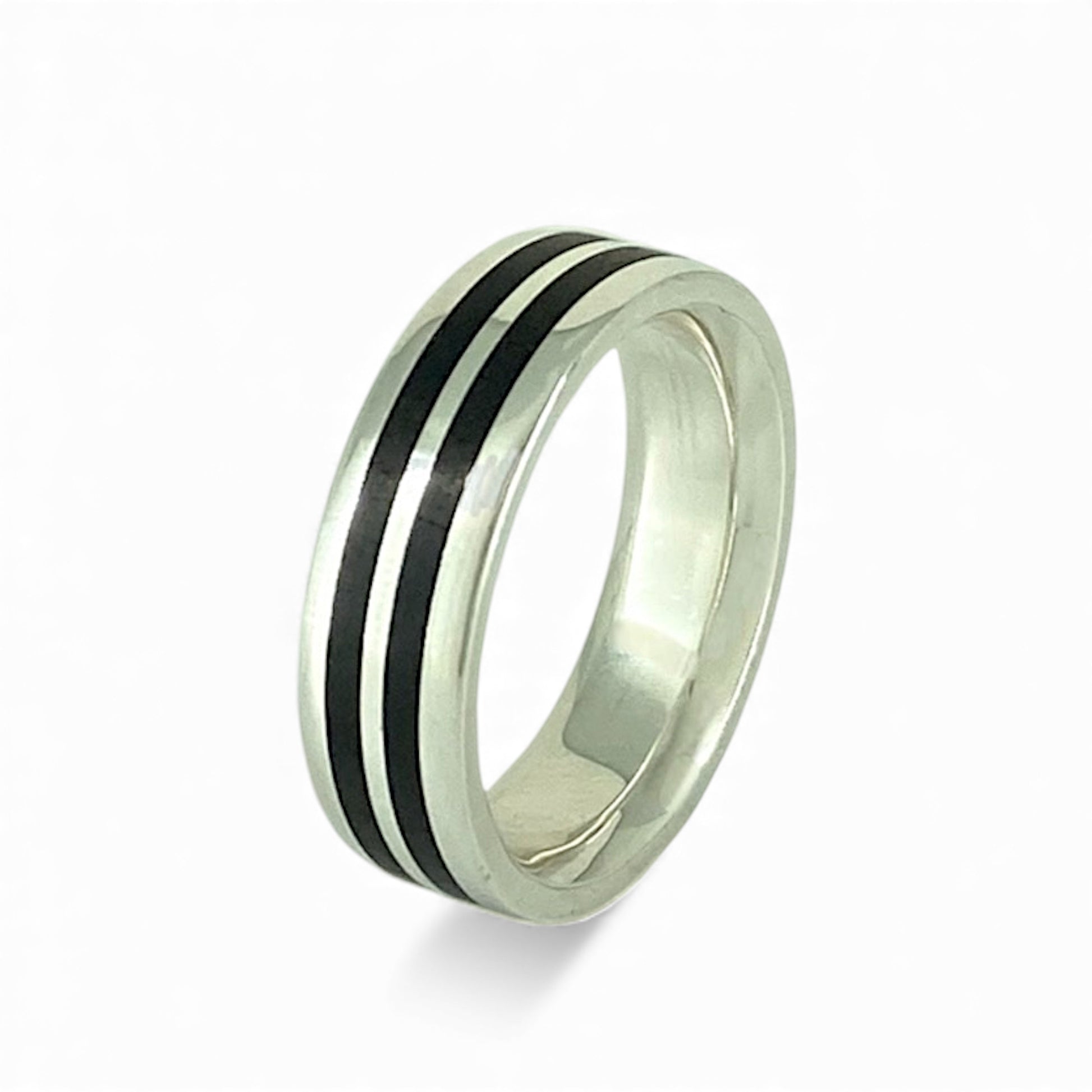 Sterling Silver 5.5mm Wide Band with Double Stripe of Inlayed Black Ebony Wood