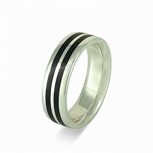 Sterling Silver 5.5mm Wide Band with Double Stripe of Inlayed Black Ebony Wood