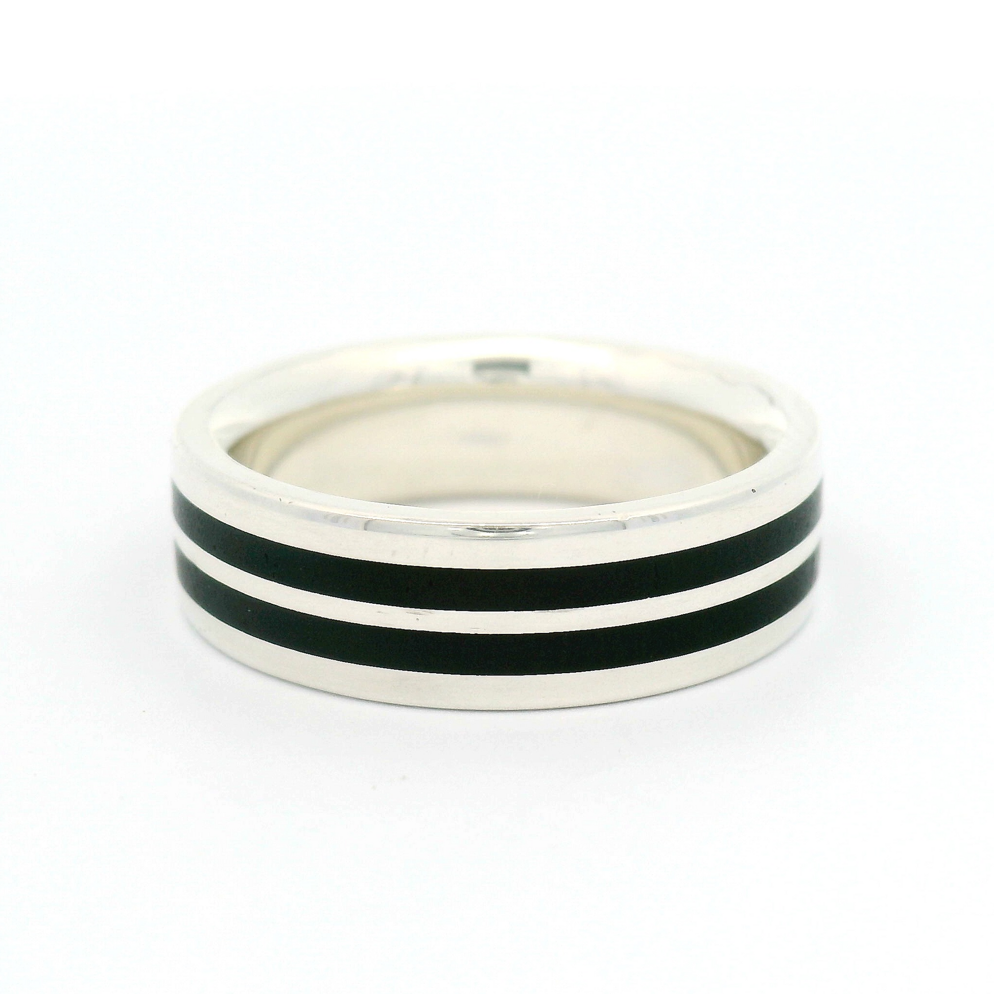 Sterling Silver 5.5mm Wide Band with Double Stripe of Inlayed Black Ebony Wood