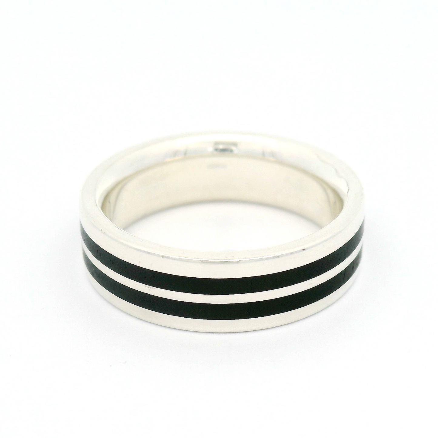 Sterling Silver 5.5mm Wide Band with Double Stripe of Inlayed Black Ebony Wood