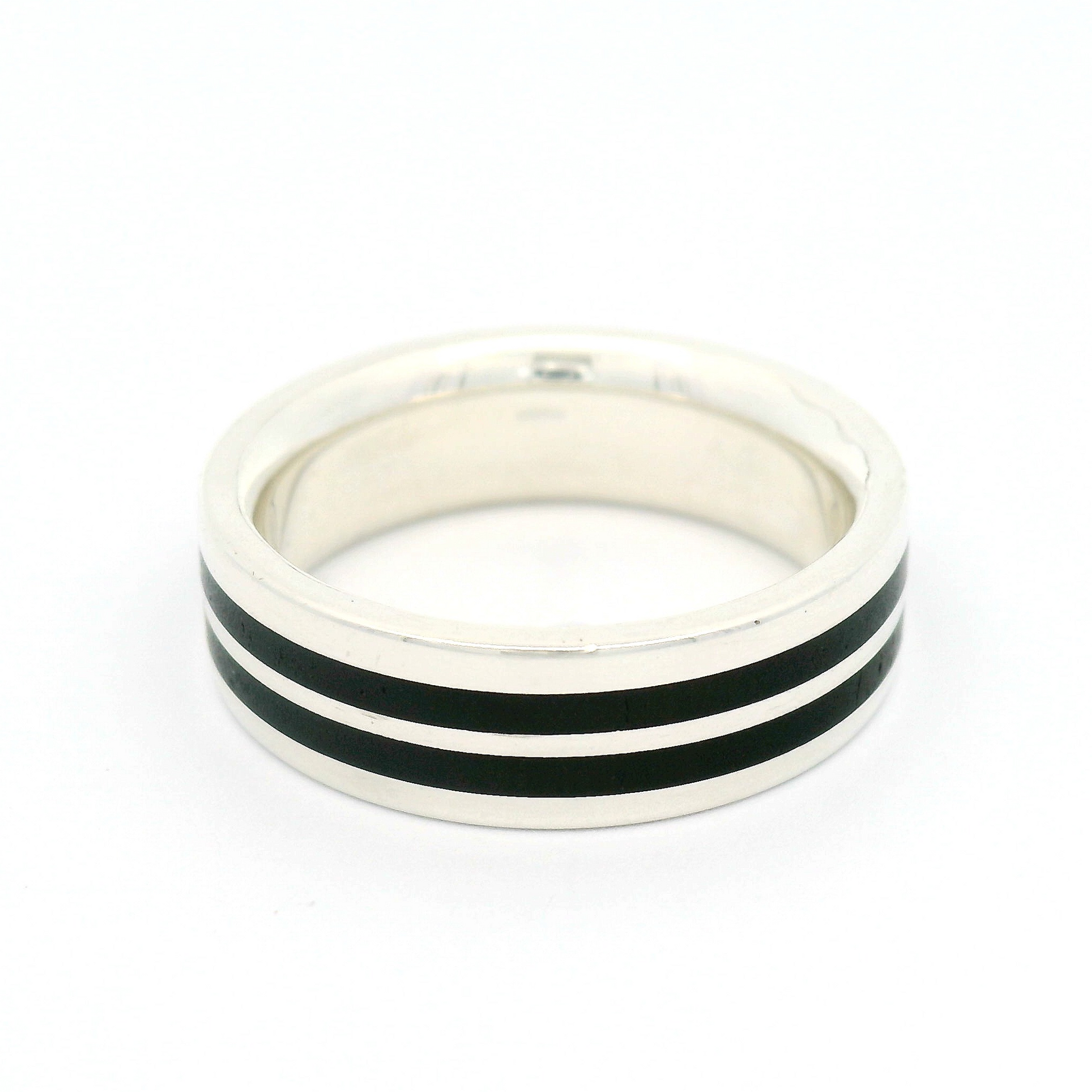 Sterling Silver 5.5mm Wide Band with Double Stripe of Inlayed Black Ebony Wood