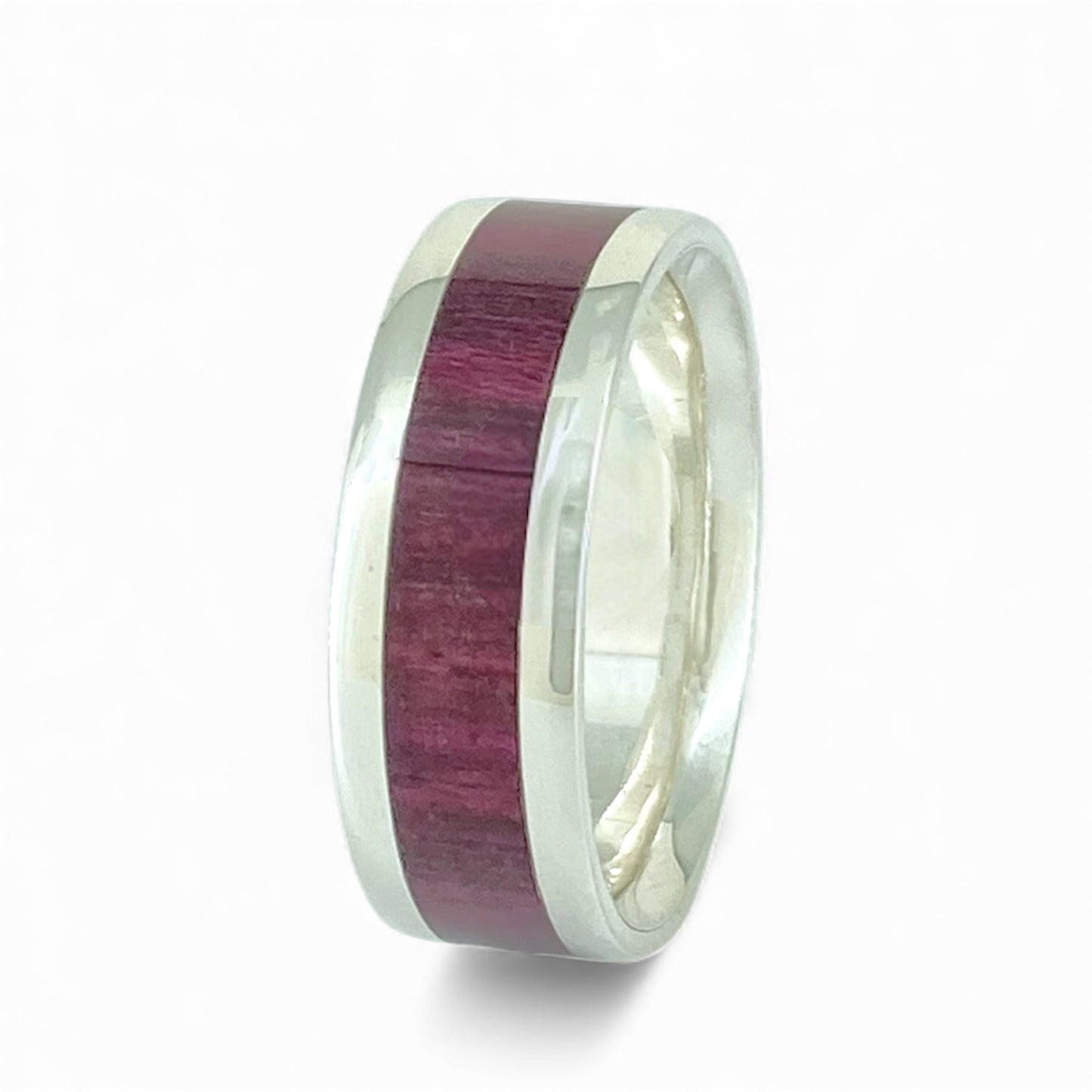 Sterling Silver 7.5mm Wide Band with Inlayed Purpleheart Wood