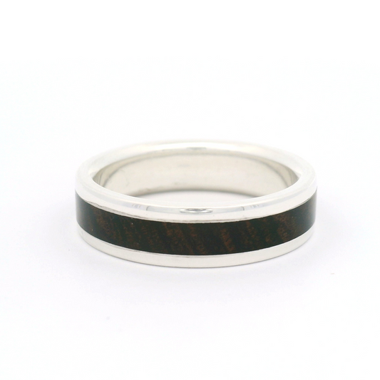 Sterling Silver 5.7mm Wide Band with Inlayed Bocote Wood