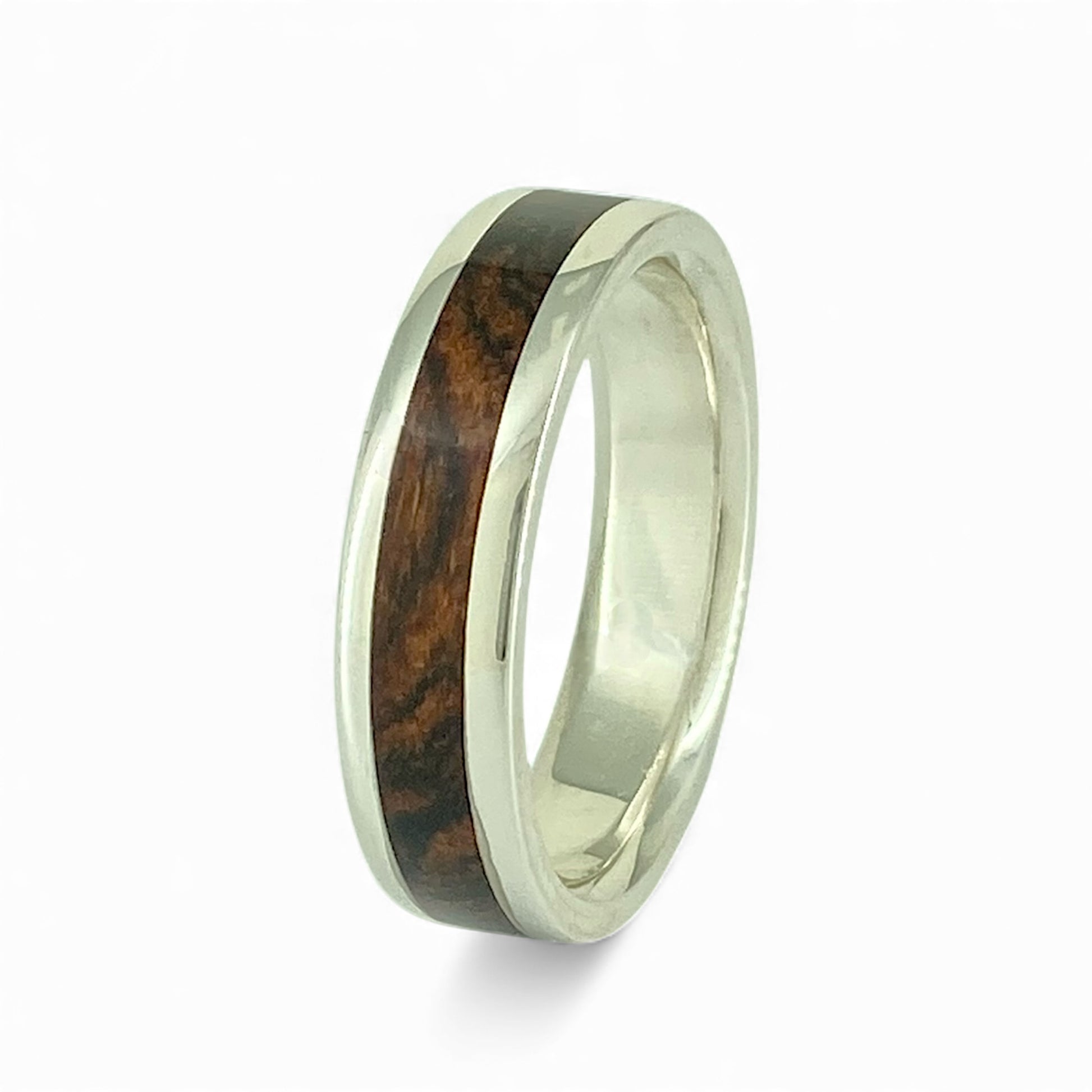 Sterling Silver 5.7mm Wide Band with Inlayed Bocote Wood
