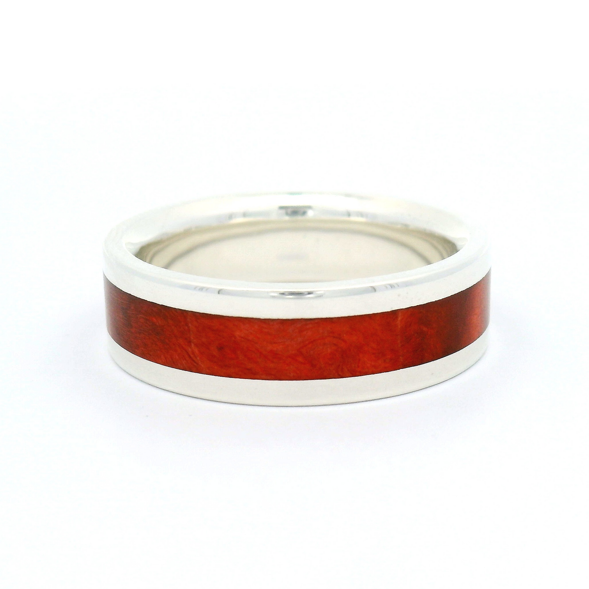 Sterling Silver 6.5mm Wide Band with Inlayed Red Burled Maple