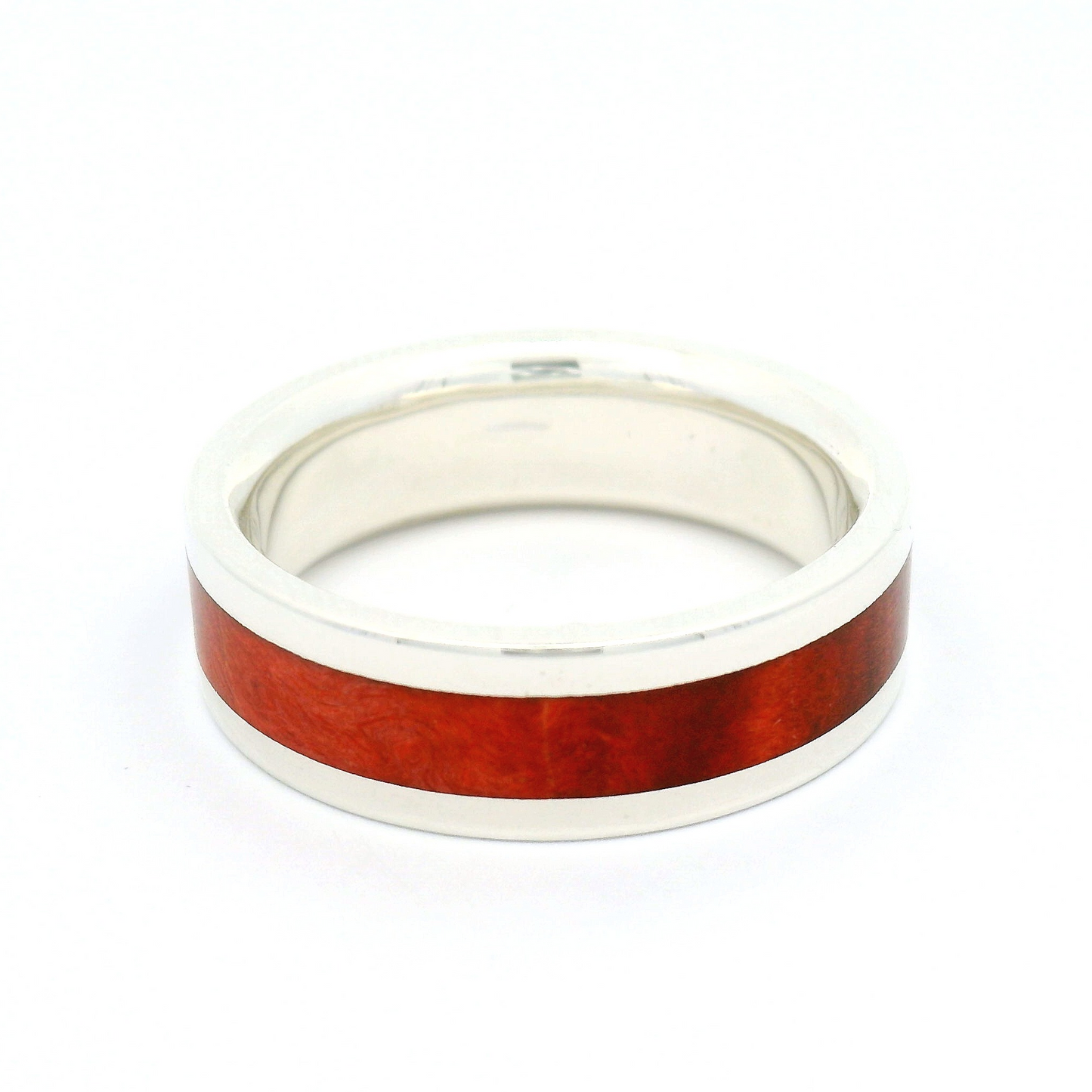 Sterling Silver 6.5mm Wide Band with Inlayed Red Burled Maple