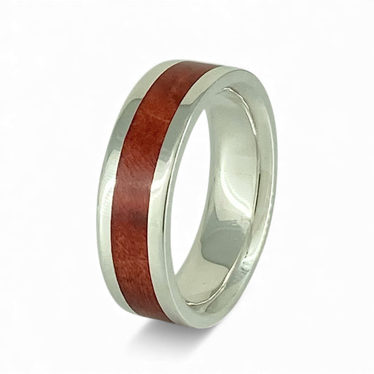 Sterling Silver 6.5mm Wide Band with Inlayed Red Burled Maple