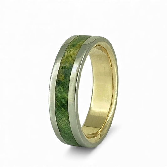 10k White and Yellow 6mm Wide Band with Inlayed Green Burled Maple