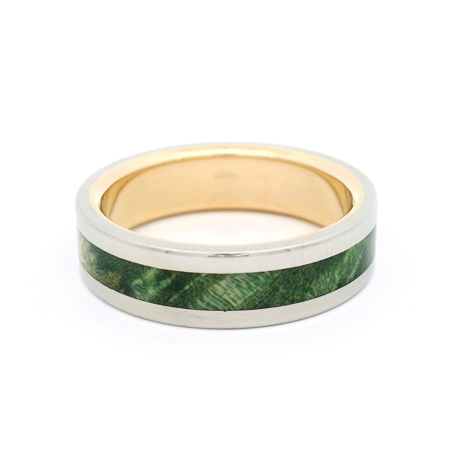 10k White and Yellow 6mm Wide Band with Inlayed Green Burled Maple