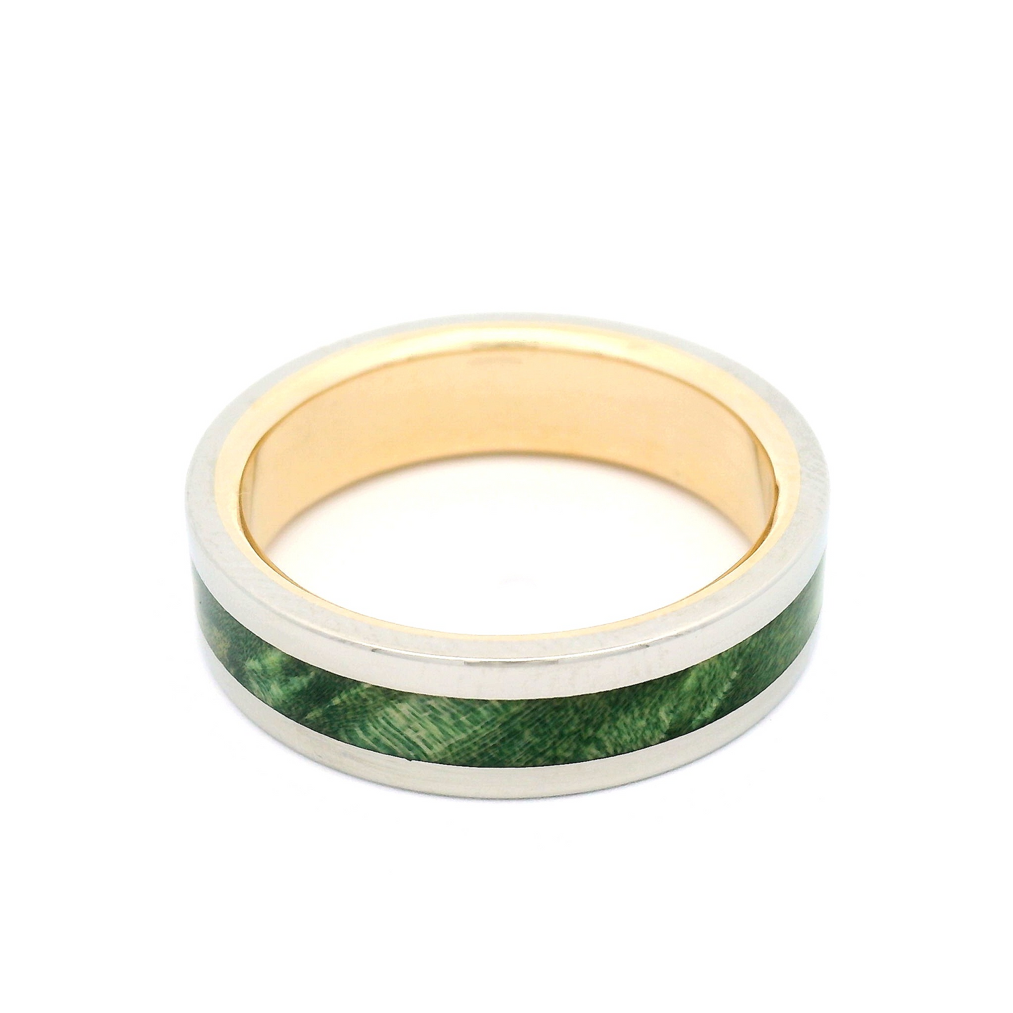 10k White and Yellow 6mm Wide Band with Inlayed Green Burled Maple