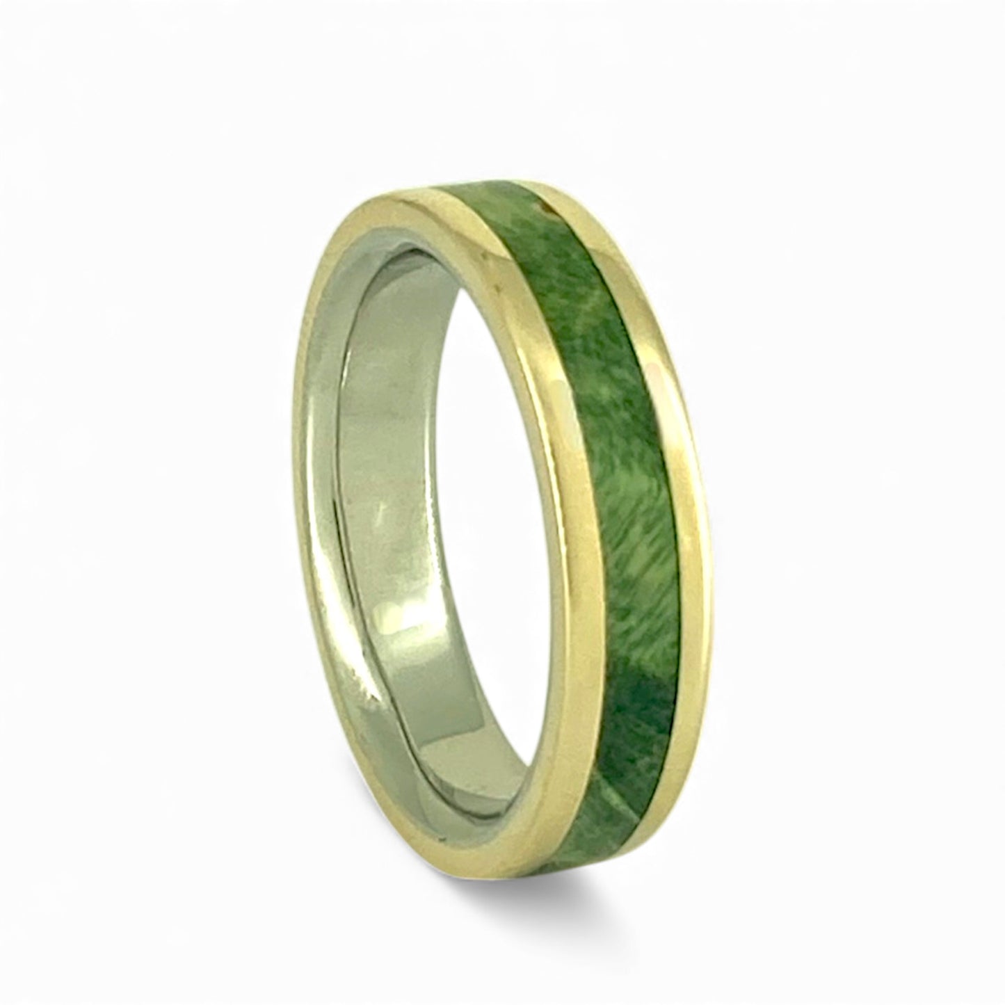 10k Yellow and White 5mm Wide Band with Inlayed Green Burled Maple