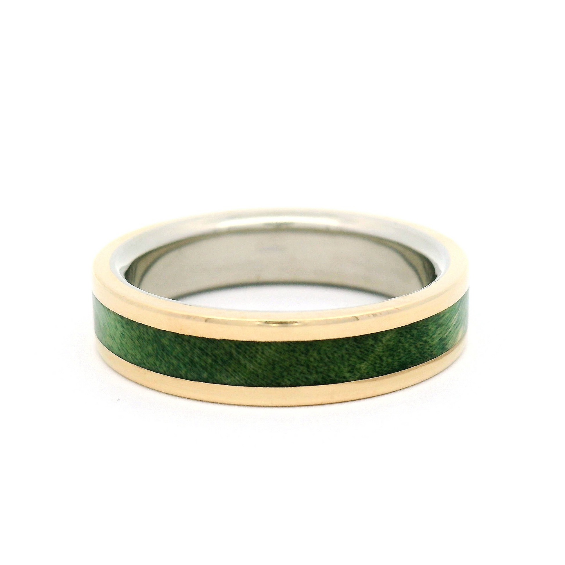 10k Yellow and White 5mm Wide Band with Inlayed Green Burled Maple