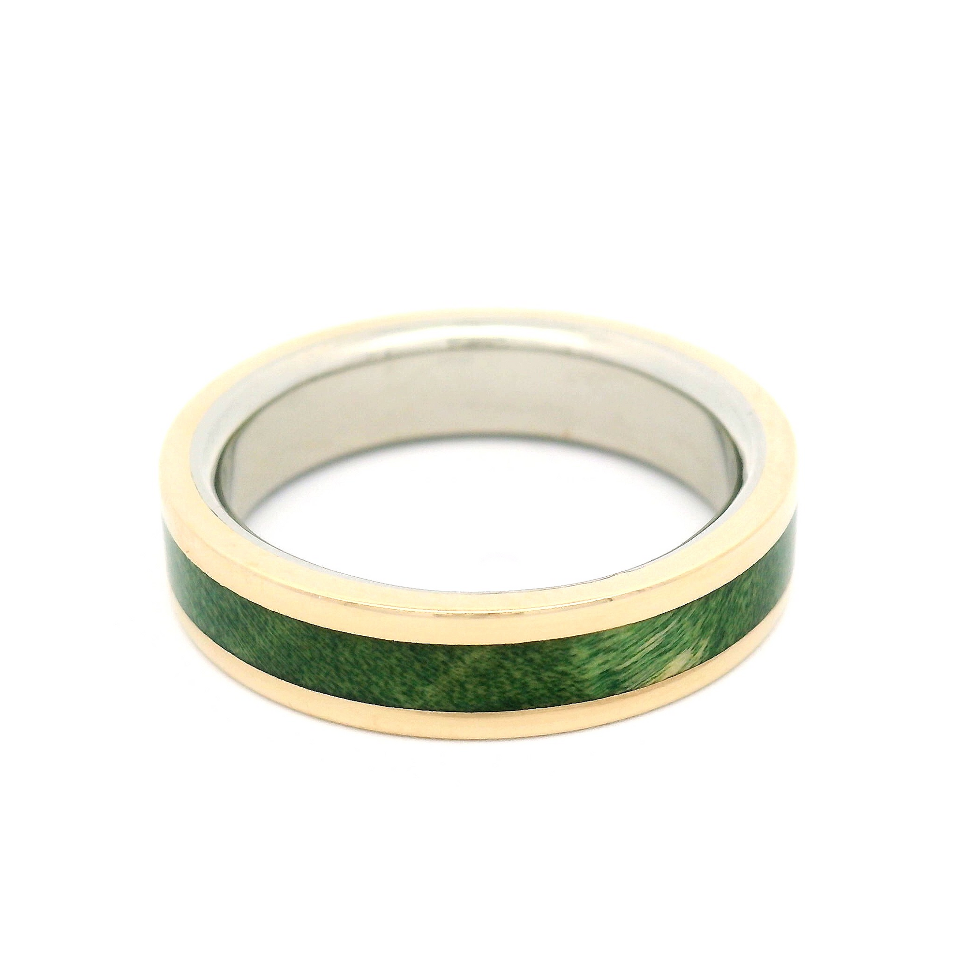 10k Yellow and White 5mm Wide Band with Inlayed Green Burled Maple