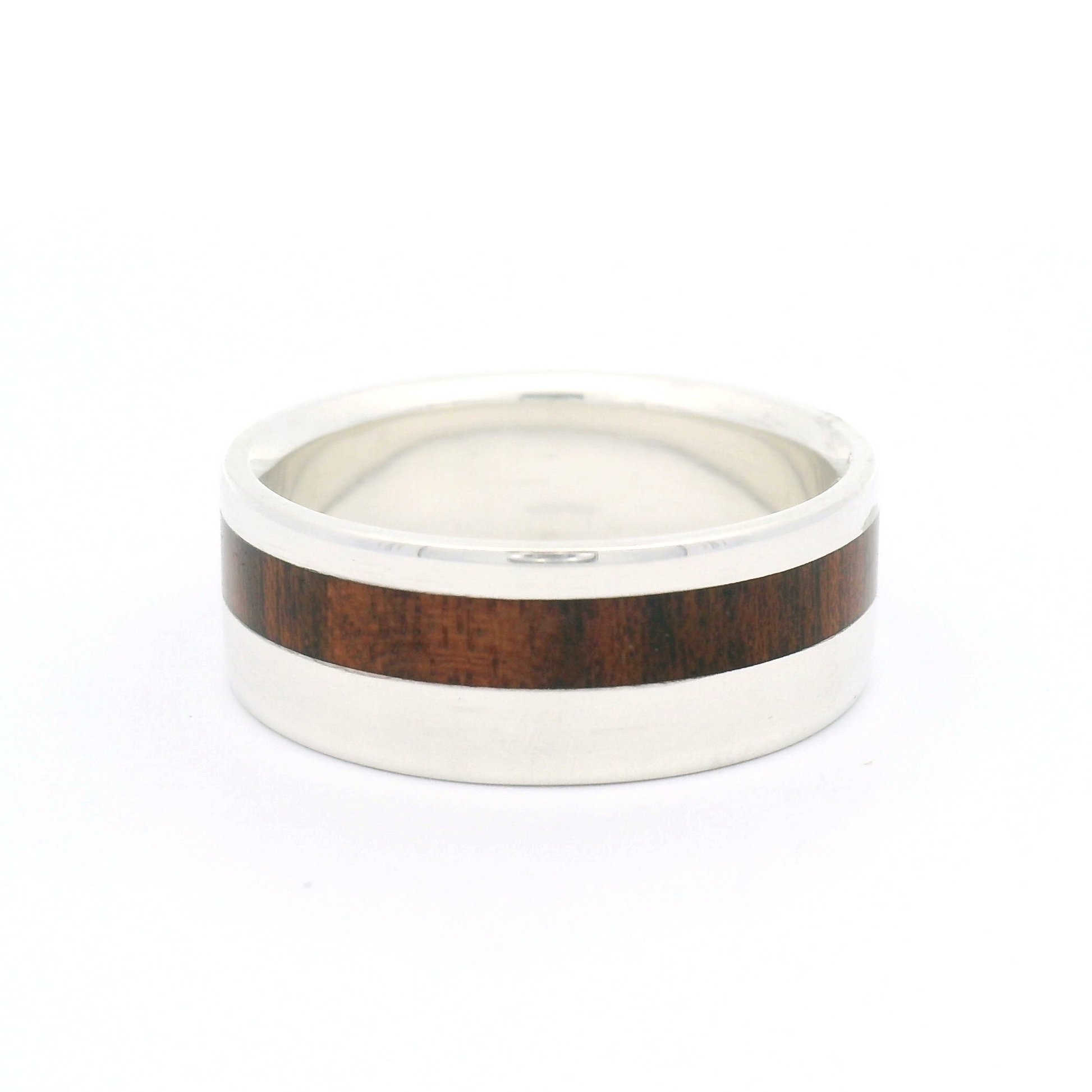 Sterling Silver 8.5mm Wide Band with Offset Inlayed Bubinga Wood