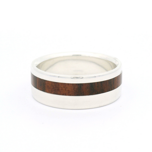 Sterling Silver 8.5mm Wide Band with Offset Inlayed Bubinga Wood