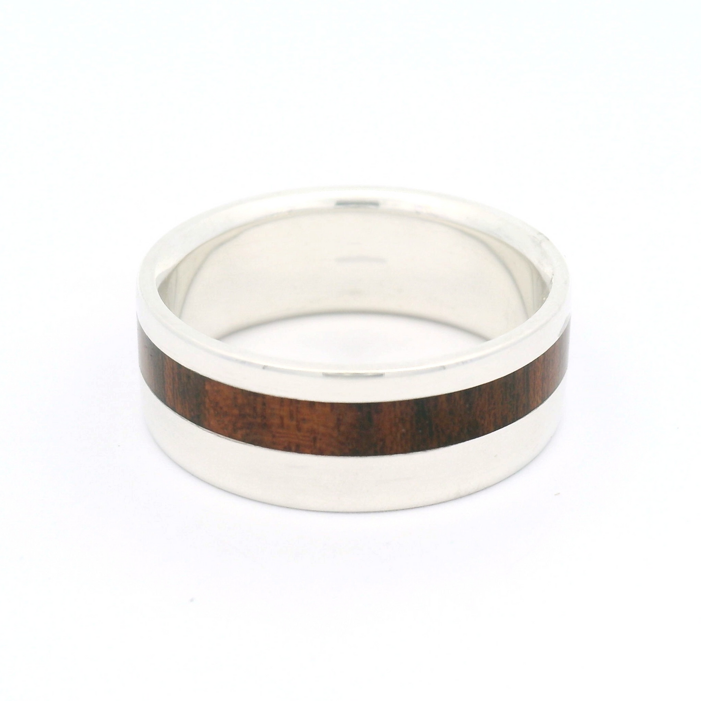 Sterling Silver 8.5mm Wide Band with Offset Inlayed Bubinga Wood