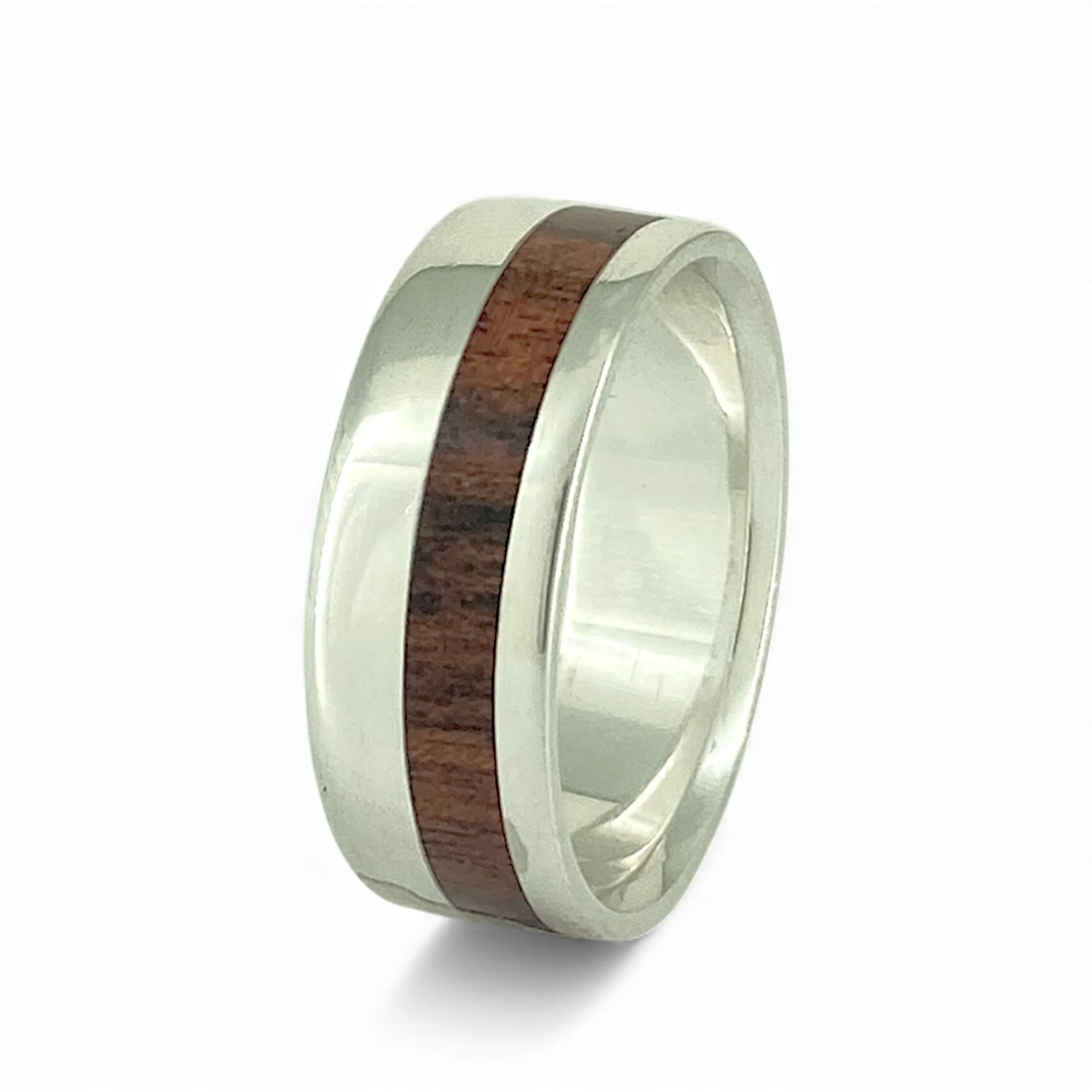 Sterling Silver 8.5mm Wide Band with Offset Inlayed Bubinga Wood
