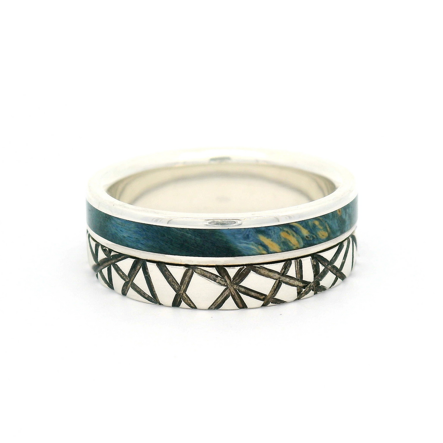 Sterling Silver 7.5mm Wide Engraved Line Band with Offset Inlayed Blue Burled Maple