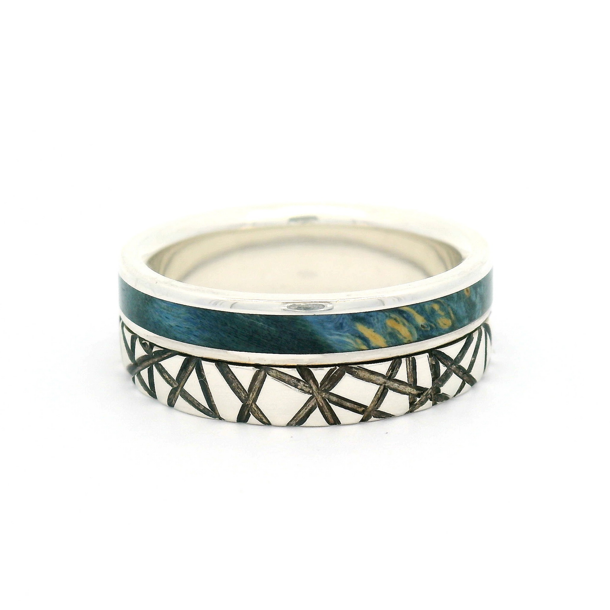 Sterling Silver 7.5mm Wide Engraved Line Band with Offset Inlayed Blue Burled Maple