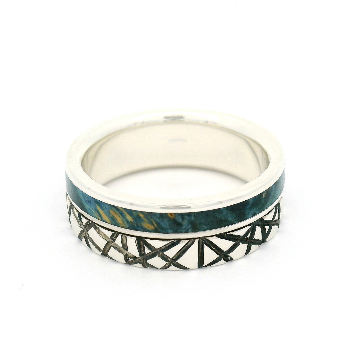 Sterling Silver 7.5mm Wide Engraved Line Band with Offset Inlayed Blue Burled Maple