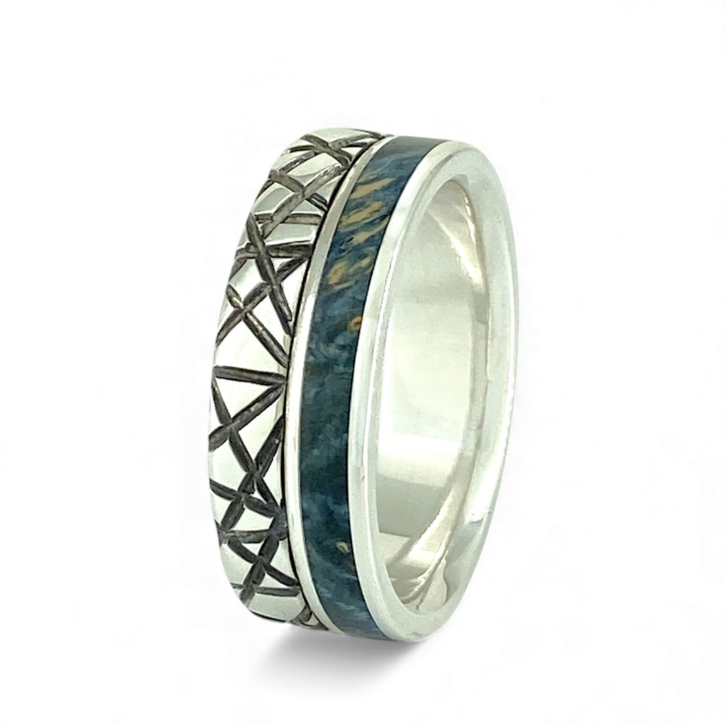 Sterling Silver 7.5mm Wide Engraved Line Band with Offset Inlayed Blue Burled Maple
