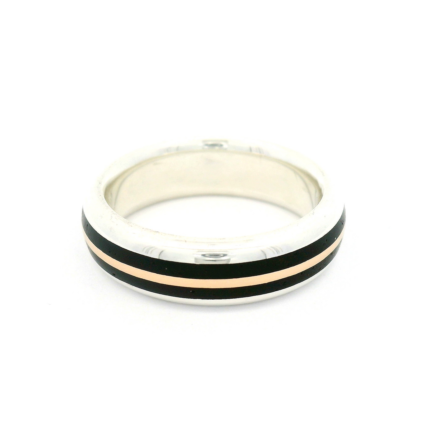 Sterling Silver 5.4mm Wide Half-Round Band with Inlayed 10k Rose Gold and Cocobolo Wood