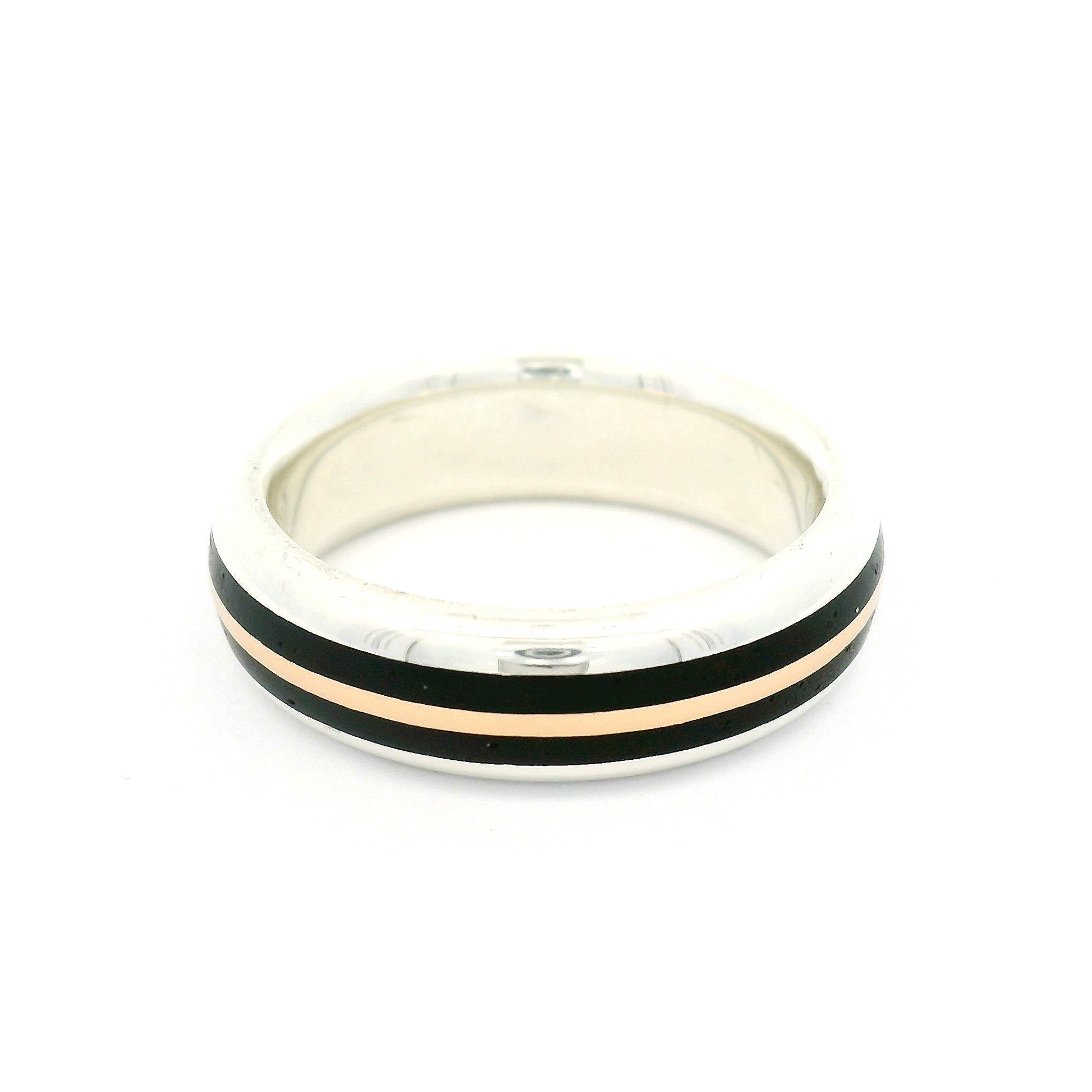 Sterling Silver 5.4mm Wide Half-Round Band with Inlayed 10k Rose Gold and Cocobolo Wood