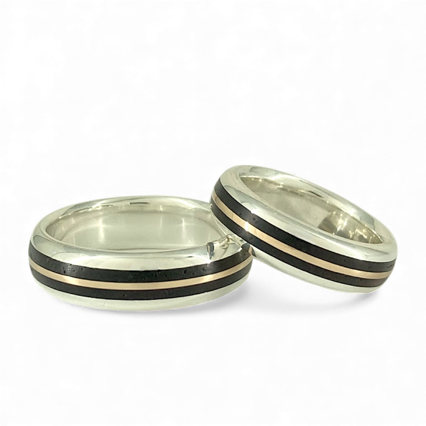 Sterling Silver 5.4mm Wide Half-Round Band with Inlayed 10k Rose Gold and Cocobolo Wood