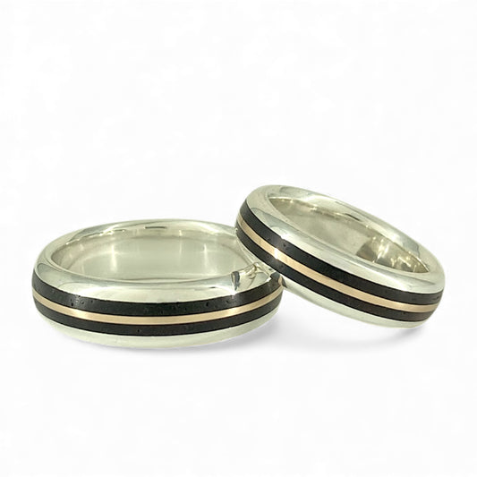 Sterling Silver 5.4mm Wide Half-Round Band with Inlayed 10k Rose Gold and Cocobolo Wood