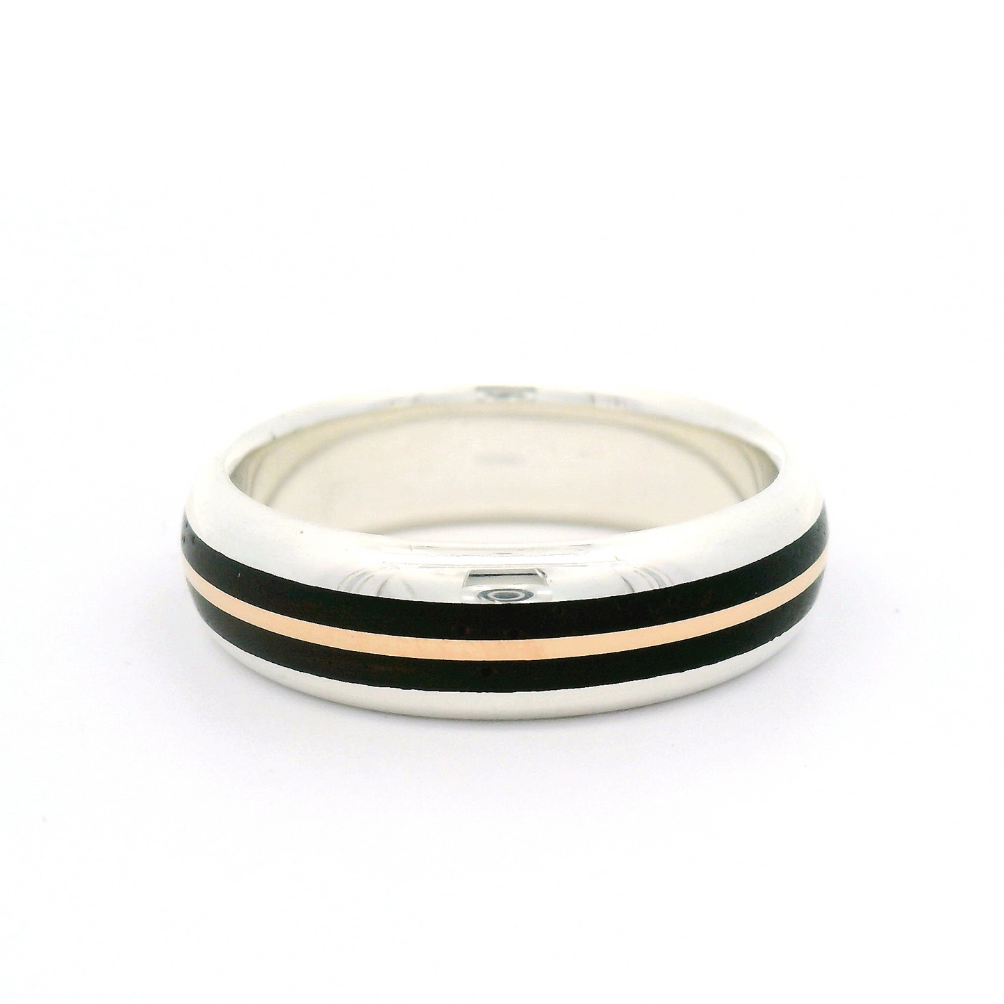 Sterling Silver 6.2mm Wide Half-Round Band with Inlayed 10k Rose Gold and Cocobolo Wood