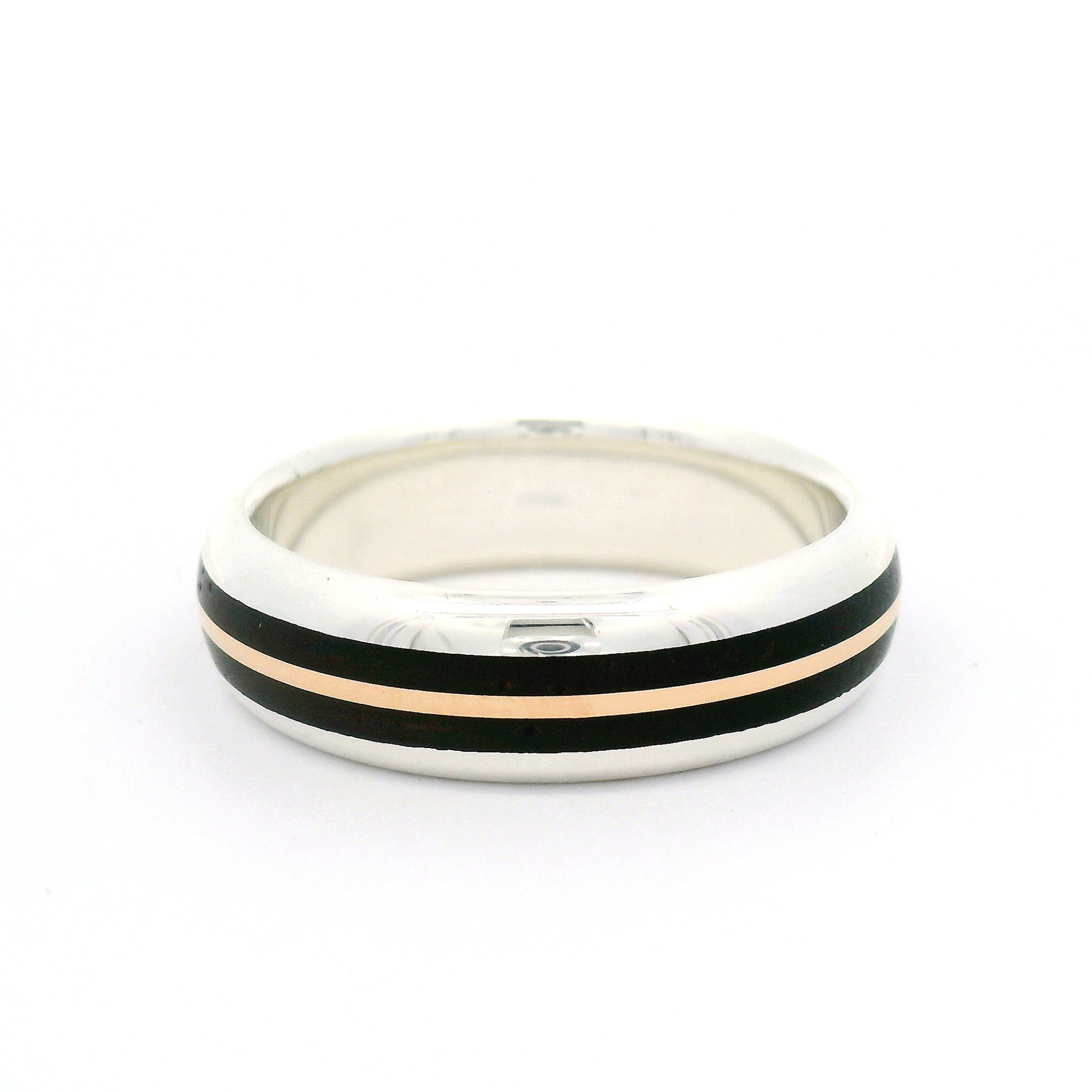 Sterling Silver 6.2mm Wide Half-Round Band with Inlayed 10k Rose Gold and Cocobolo Wood