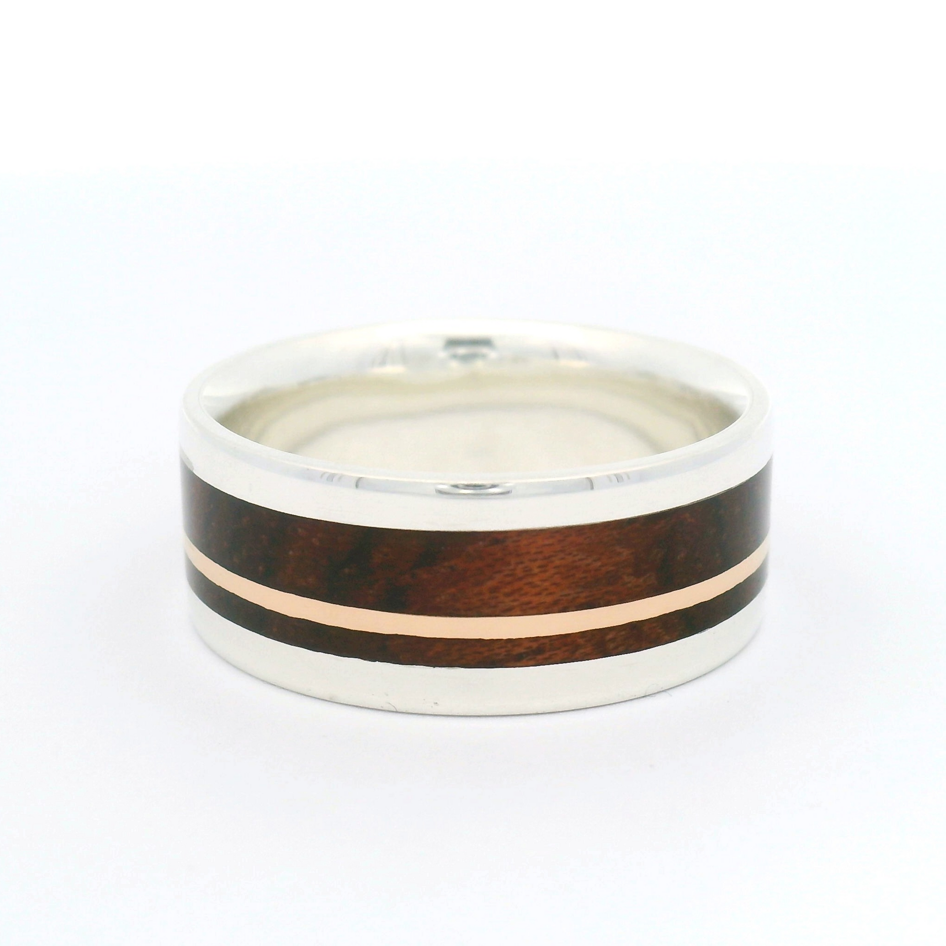 Sterling Silver 8.5mm Wide Band with Inlayed 10k Rose Gold and Padauk Wood