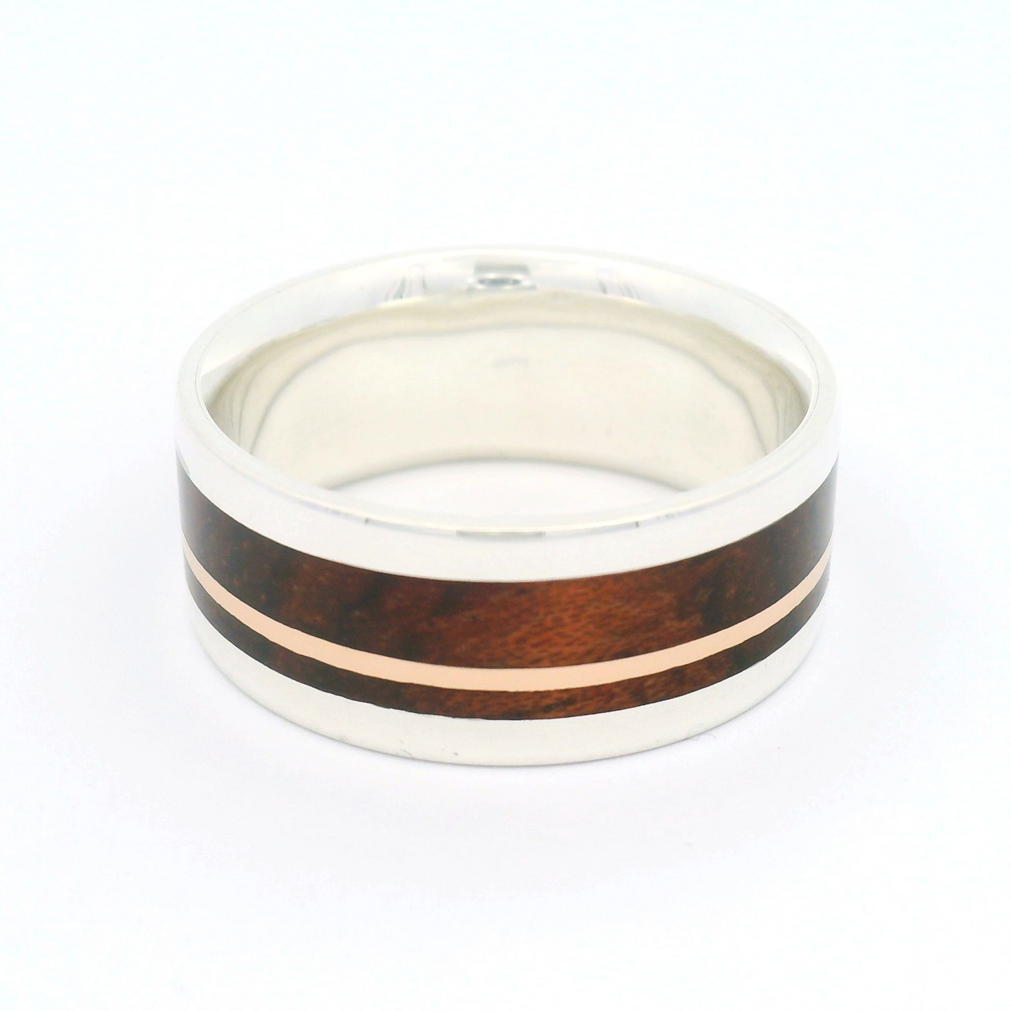 Sterling Silver 8.5mm Wide Band with Inlayed 10k Rose Gold and Padauk Wood