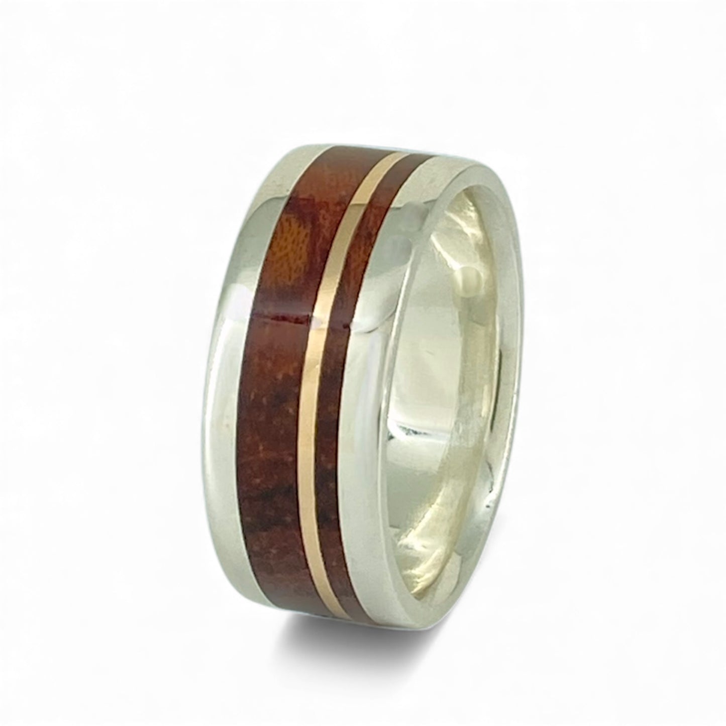 Sterling Silver 8.5mm Wide Band with Inlayed 10k Rose Gold and Padauk Wood