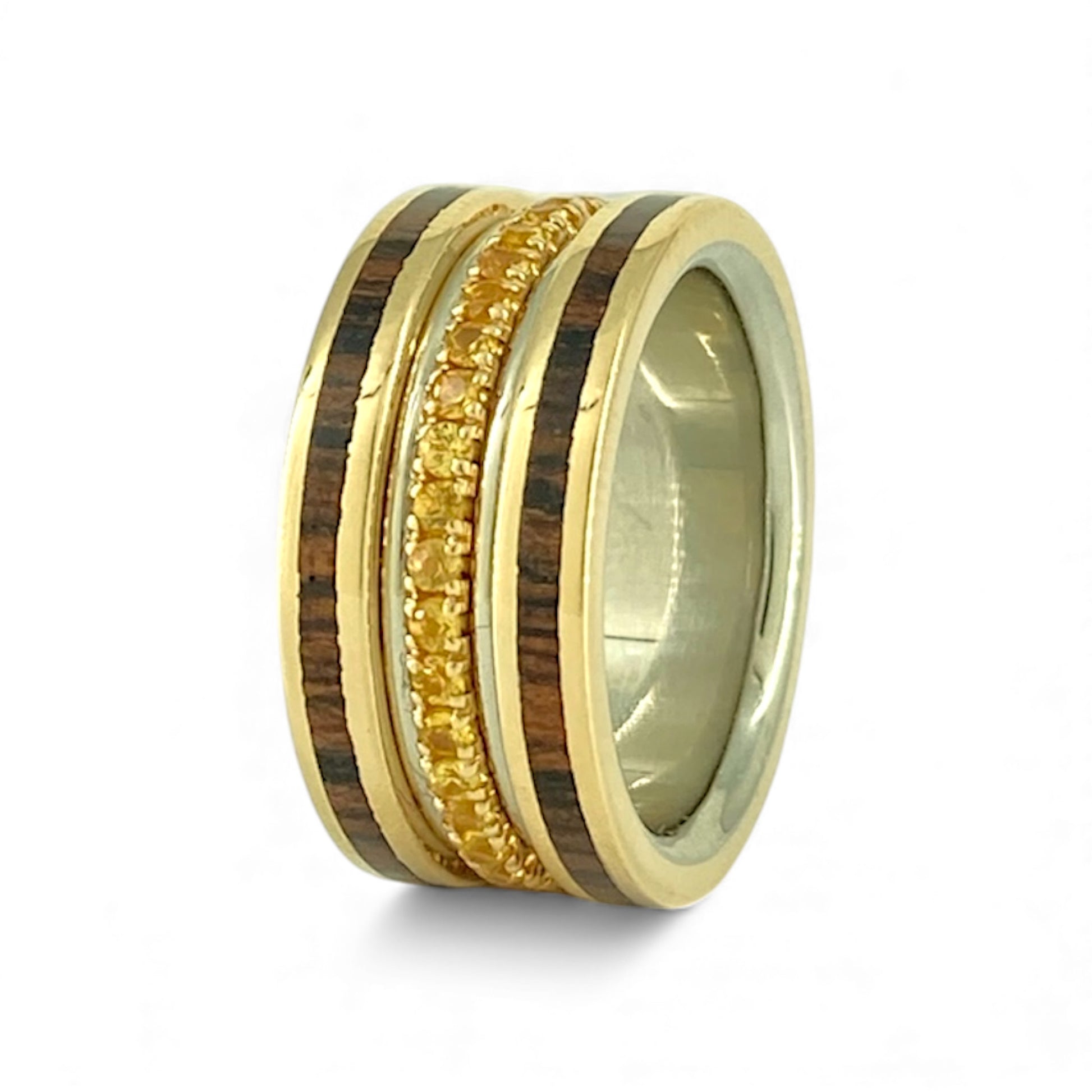10k White and Yellow Wide Eternity with Yellow Sapphires and Inlayed Cocobolo Wood