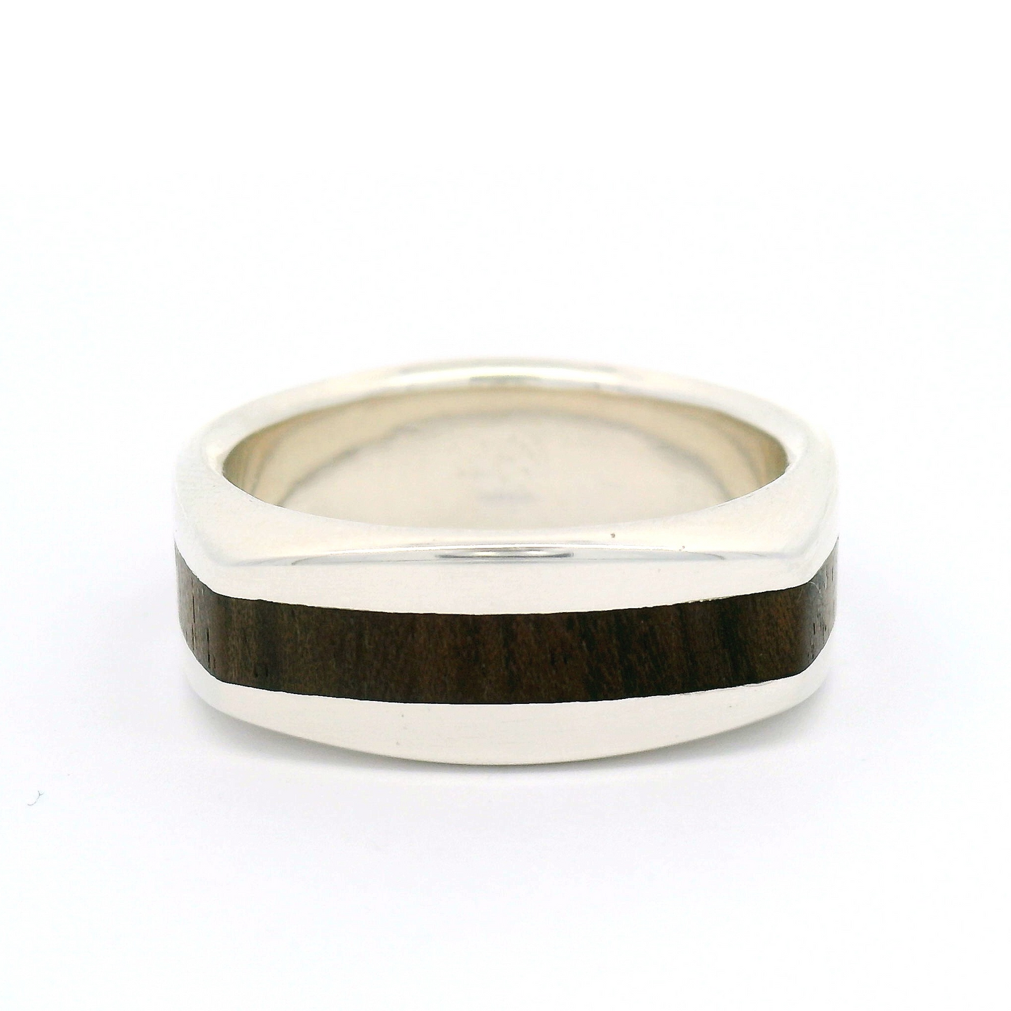Sterling Silver 8mm Wide Soft Square Band with Inlayed Walnut Wood