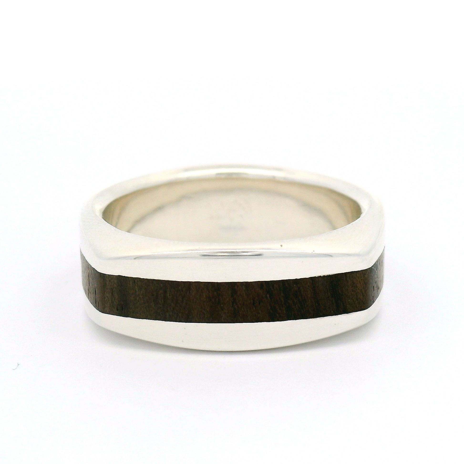 Sterling Silver 8mm Wide Soft Square Band with Inlayed Walnut Wood