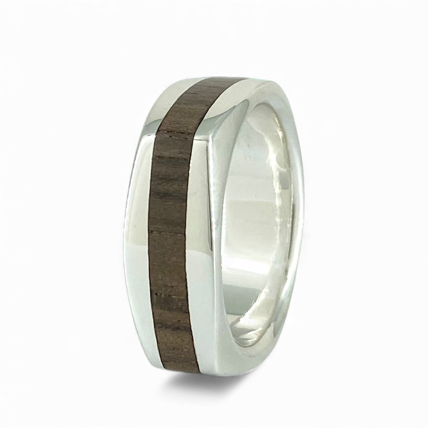 Sterling Silver 8mm Wide Soft Square Band with Inlayed Walnut Wood