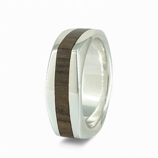 Sterling Silver 8mm Wide Soft Square Band with Inlayed Walnut Wood