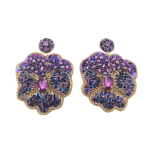 Pansies Flower Earrings - Hand Embroidered