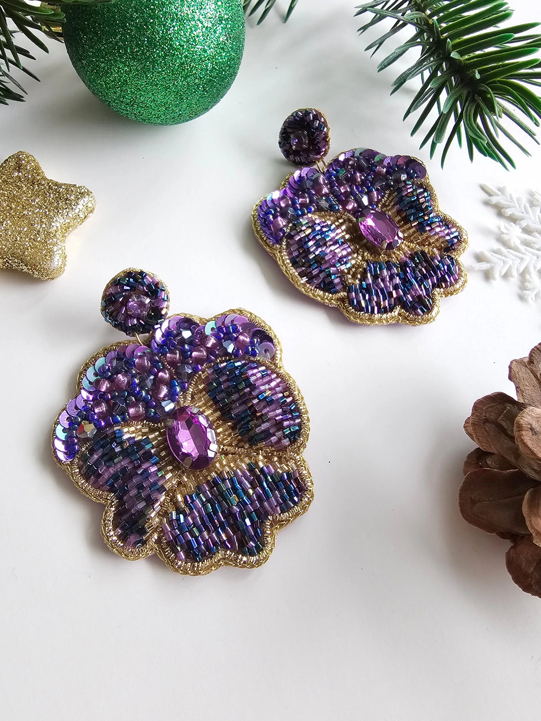 Pansies Flower Earrings - Hand Embroidered