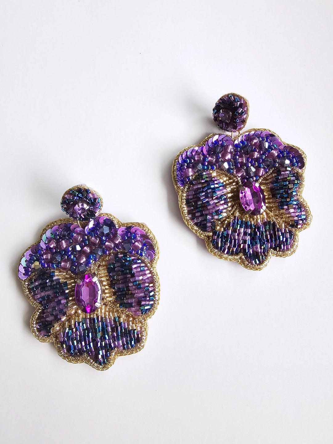 Pansies Flower Earrings - Hand Embroidered