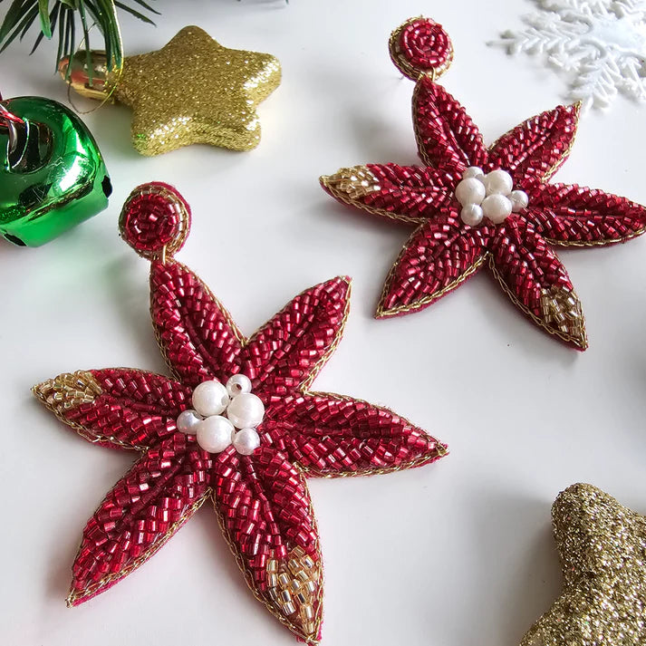 Poinsettia Earrings - Hand Embroidered