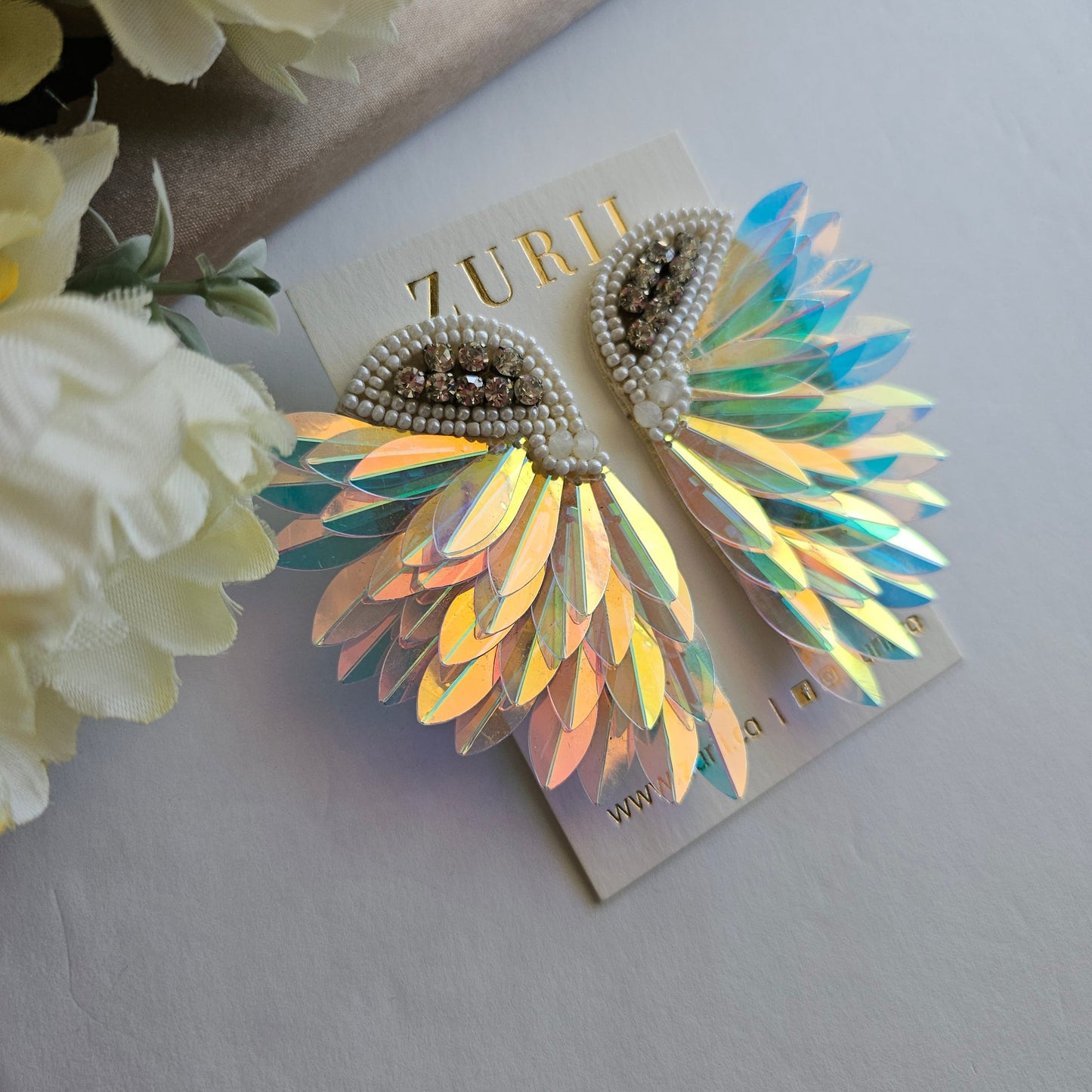 Iridescent Angel Wings Earrings - Hand Embroidered