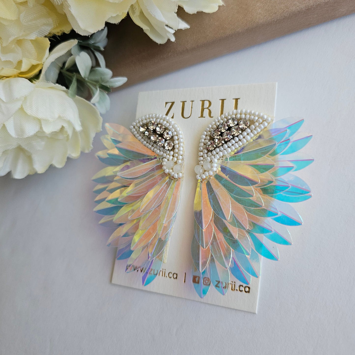 Iridescent Angel Wings Earrings - Hand Embroidered