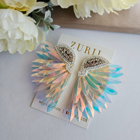 Iridescent Angel Wings Earrings - Hand Embroidered