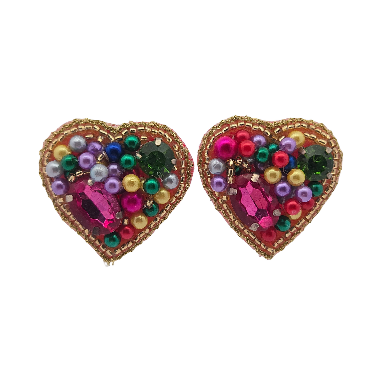 Multicoloured Heart Stud Earrings - Hand Embroidered